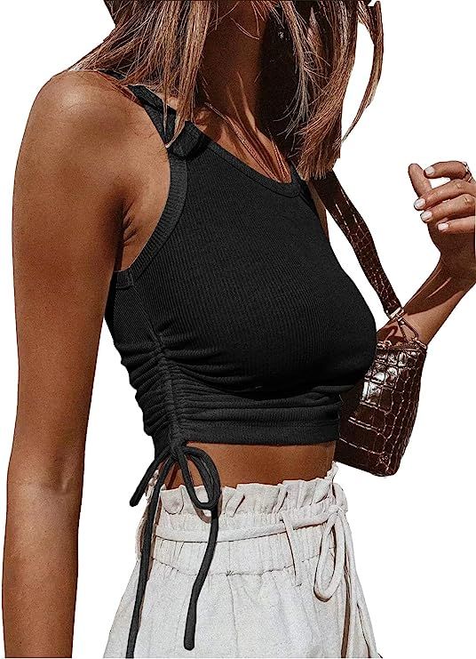 Artfish Women's Sleeveless Shirt Ribbed Drawstring Side Ruched Scoop Neck Basic Crop Tank Top | Amazon (US)