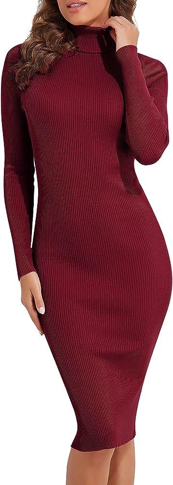 PrettyGuide Women's Sweater Dress Sexy Turtleneck Long Sleeve Ribbed Knit Midi Length Dresses Bla... | Amazon (US)