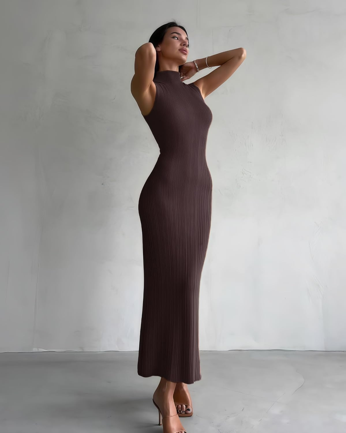 Mettclasi Women's Spring Fall Mock Neck Sleeveless Knit Maxi Dress Elegant Sexy Ribbed Slim Fit Bodycon Party Sweater Dress | Amazon (US)