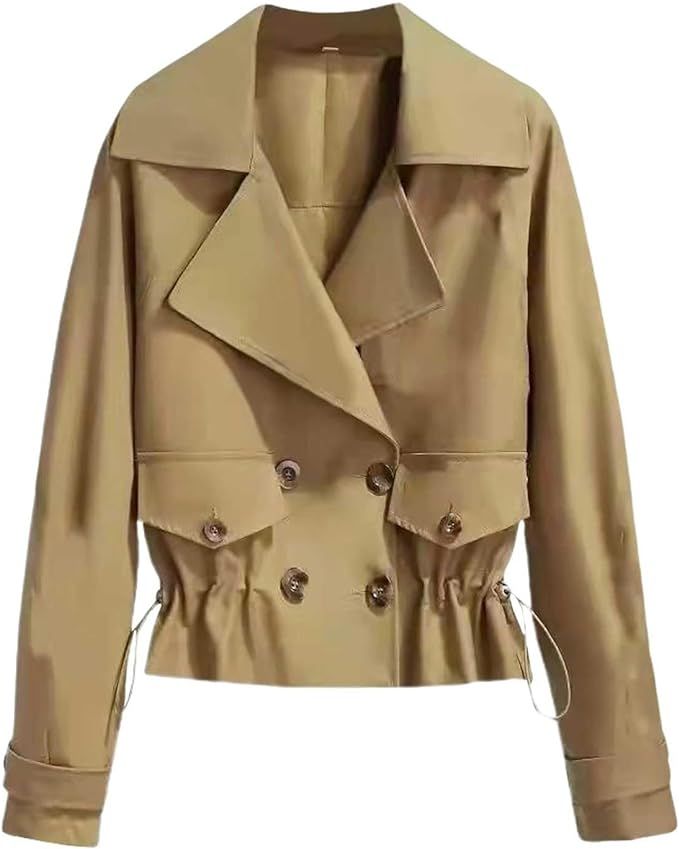 Cropped Trench Coat for Women Plus Size Notch Lapel Jackets Single-Breasted Ruffled Drawstring He... | Amazon (US)