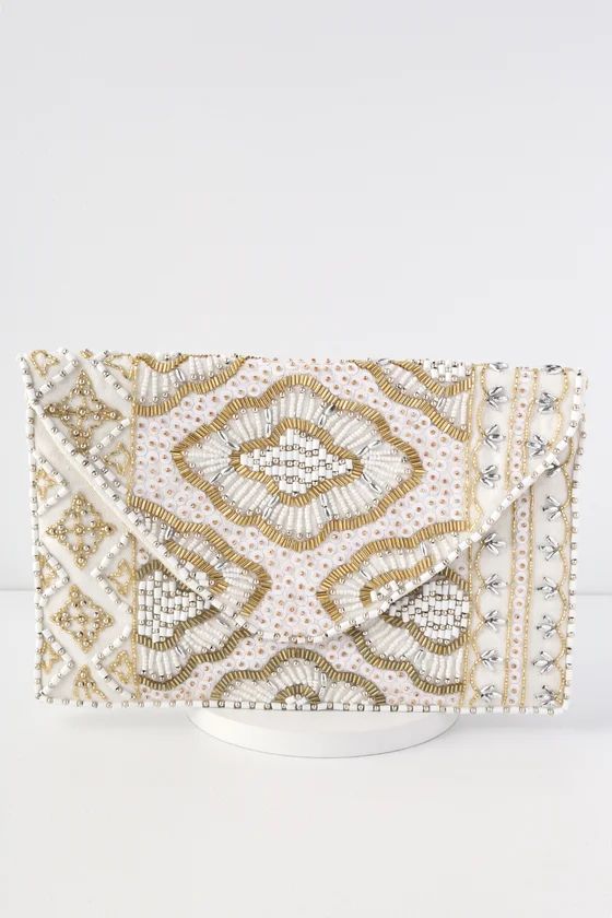 Etched in Stone Cream Beaded Clutch | Lulus