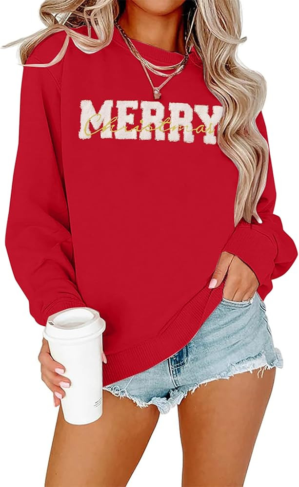 KIDDAD Christmas Sweatshirts for Women Glitter Patch Merry Christmas Letter Print Sweater Embroid... | Amazon (US)