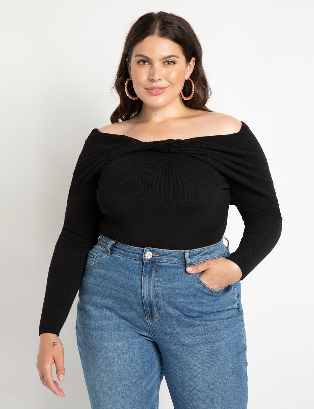 Off The Shoulder Twist Detail Sweater | Women's Plus Size Tops | ELOQUII | Eloquii