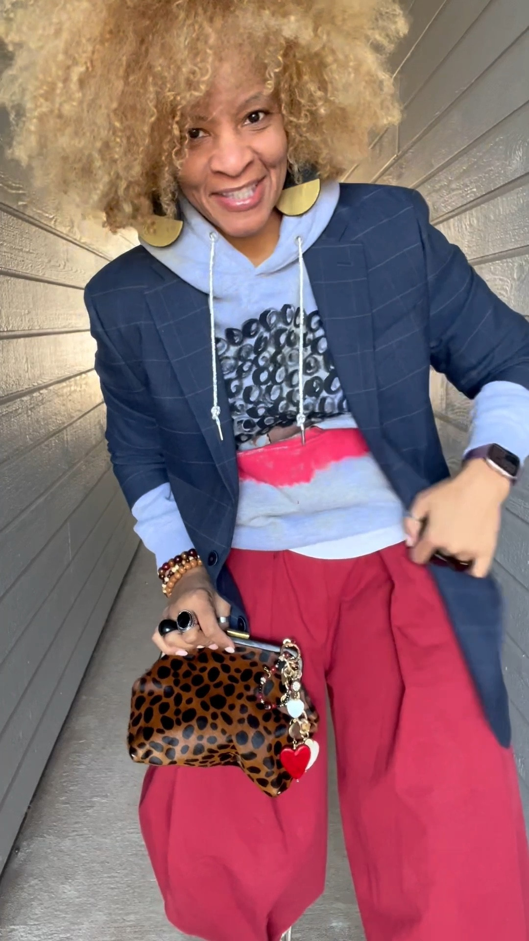Quick Saturday errand run to pick up my dad, and I decided to turn this look into my OOTD since I missed posting yesterday! Loving how the prints mash up with my leopard bag and snakeskin boots. Do you think I should have gone for the darker brown boots instead? 🧐 Let me know what you think! 💬

#ootd #supportsmallbusinesses #curlyhair #bighairdontcare 
#teachersofinstagram 

Blazer part of a suit: @Macys
Hoodie: @studiobrownsugar
Boots: @Schutz 
Handmade Earrings: @nappyrutz (use code STORY)
Bag: @shopclarev
Rings: @hellobaabs (use code STORY20) 
Bracelets: @beadit__ 
Bag FOB: @ellesheba_carter123

#LTKootd #LTKWorkwear #LTKSaleAlert