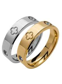 Fashionable Stainless Steel Four-Leaf Clover Zirconia Inlay Ring, Stylish Women Jewelry Accessory... | SHEIN