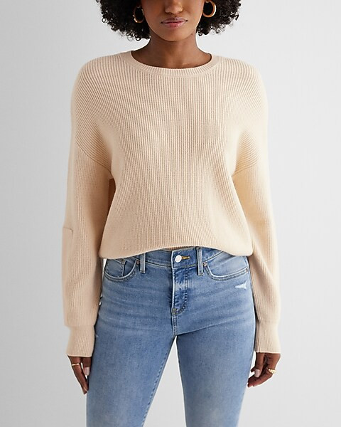 Relaxed Crew Neck Faux Leather Patch Sweater | Express