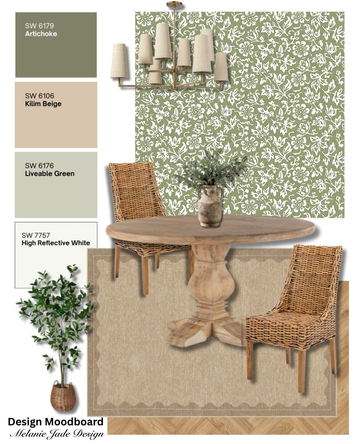 Create a green and biophilic inspired dining room with sage green wallpaper and lots of wood tones and plants. Link to wallpaper >>> https://amzn.to/4rGaVPH 

 #LTKhome #LTKstyletip
