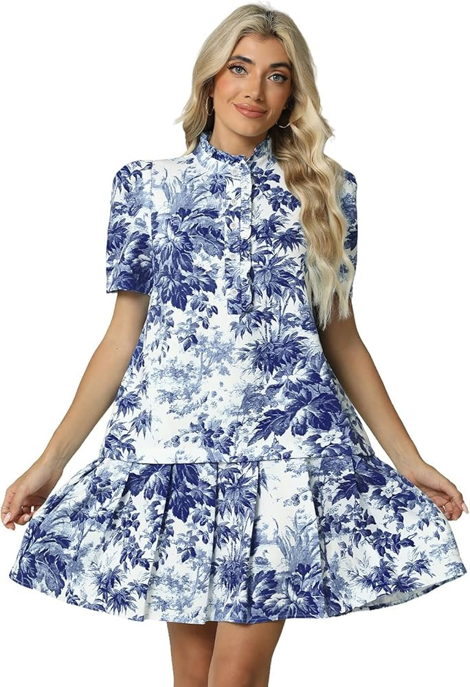 Women Floral Mini Dress Short Sleeve Stand Collar Button Up Elegant Work Swing Short Pleated Dres... | Amazon (US)