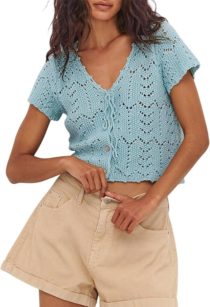 Crochet Tops for Women Knitted Summer Vest Hollow Out Button Down Shirts Short Sleeve Crop Tops F... | Amazon (US)