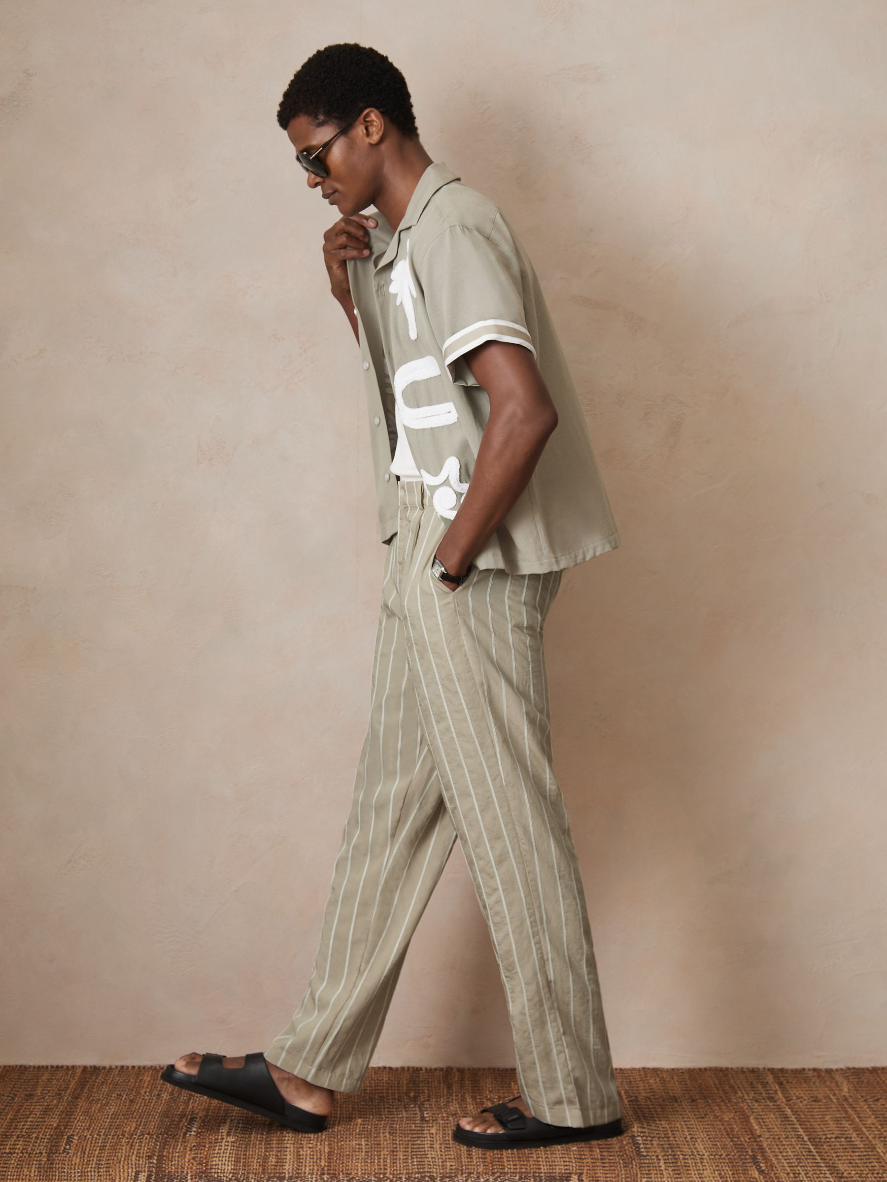 Reiss Reiss | Ché Pinstripe Wide-Leg Trousers in Stone | REISS | Reiss US