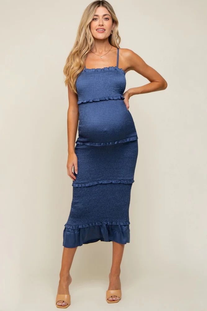 Blue Satin Smocked Fitted Maternity Maxi Dress | PinkBlush Maternity