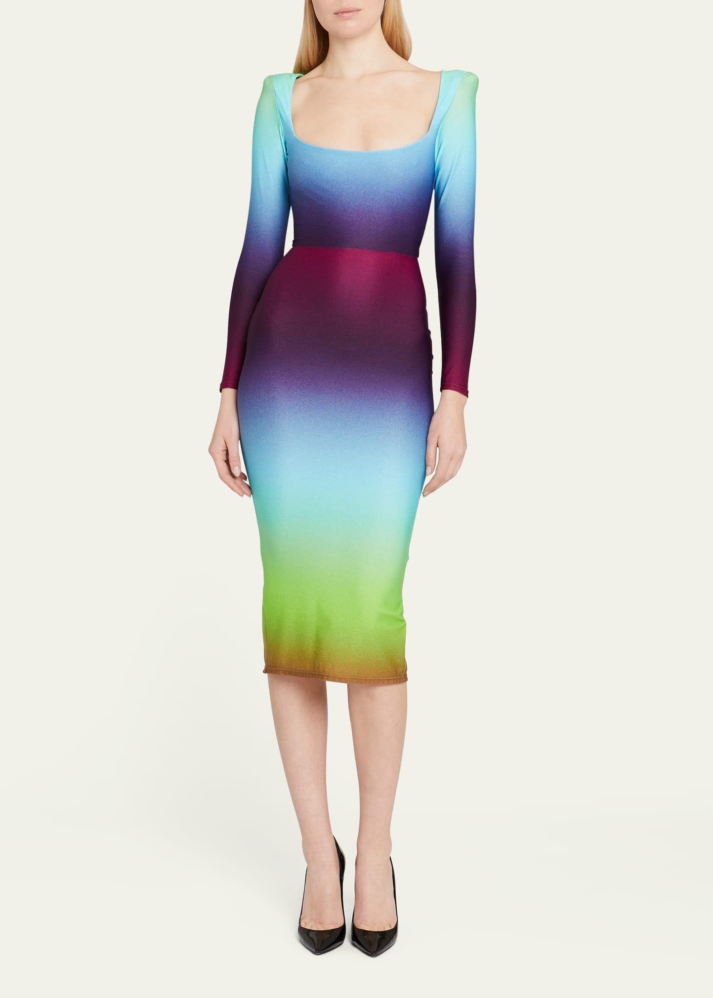 Gradient-Print Strong-Shoulder Midi Dress | Bergdorf Goodman