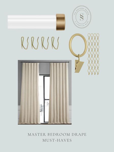 Creamy neutral drapery curtains for master bedroom with acrylic rod and gold brass hardware. Love these brass antique drapery rings from Amazon! 

#LTKunder50 #LTKhome #LTKunder100