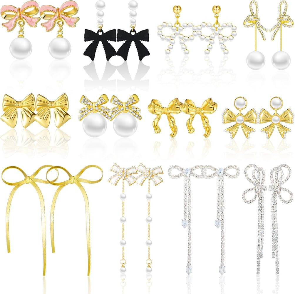 12 Pcs Bow Drop Dangle Earrings Rhinestone Bow Stud Earrings Crystal Bow Pearl Earrings Bow Earri... | Amazon (US)