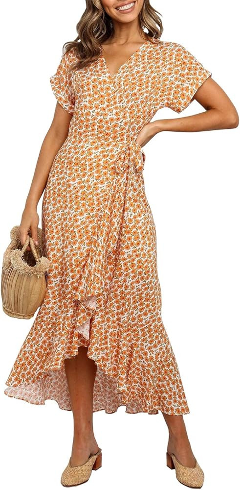 ZESICA Women's Summer Bohemian Floral Printed Wrap V Neck Beach Party Flowy Ruffle Midi Dress | Amazon (US)