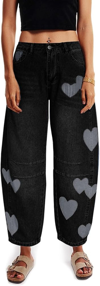 Barrel Jeans for Women Mid Rise Heart Printed Denim Ankle Pants Vintage Baggy Boyfriend Jeans | Amazon (US)