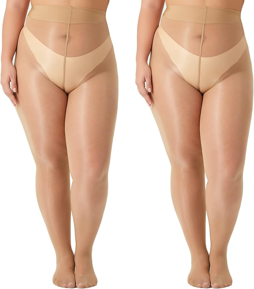 Yilanmy 2 Pairs Women's Plus Size Shiny Pantyhose 15D Sheer Shimmer Tights High Waist Oil Glossy ... | Amazon (US)
