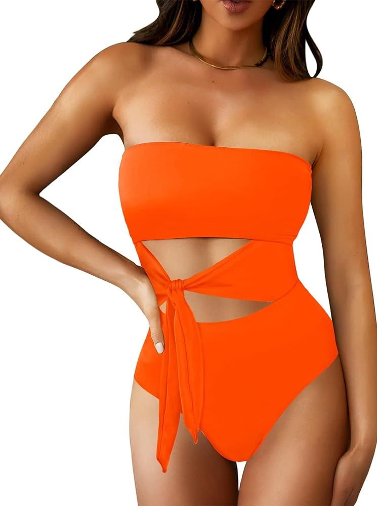 Pink Queen Women Bandeau One Piece Swimsuit Removable Strap Cutout Tie High Waist Bathing Suit Mo... | Amazon (US)