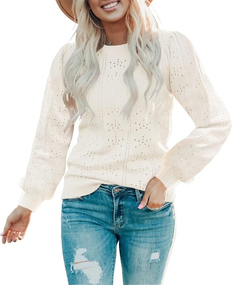 Saodimallsu Womens Cute Puff Long Sleeve Pullover Sweaters Soft Lightweight Crewneck Fall Knitted... | Amazon (US)
