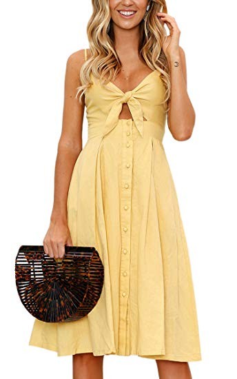 ECOWISH Womens Dresses Summer Tie Front V-Neck Spaghetti Strap Button Down A-Line Backless Swing ... | Amazon (US)