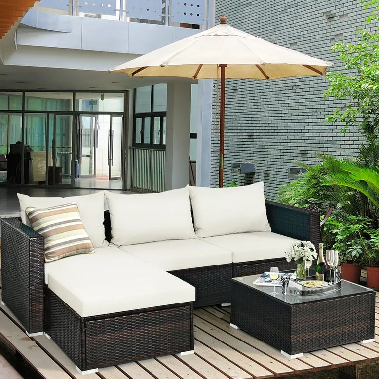 Gymax 5 Pieces Cushioned Rattan Patio Conversation Set with Ottoman Off White Cushion | Walmart (US)