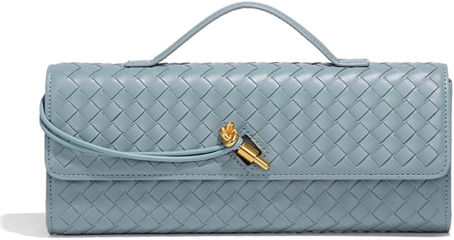 Women's Handmade Woven Evening Bag Leather Shoulder Clutch Handbag Fashion Crossbody Purse Light Blue | Amazon (US)