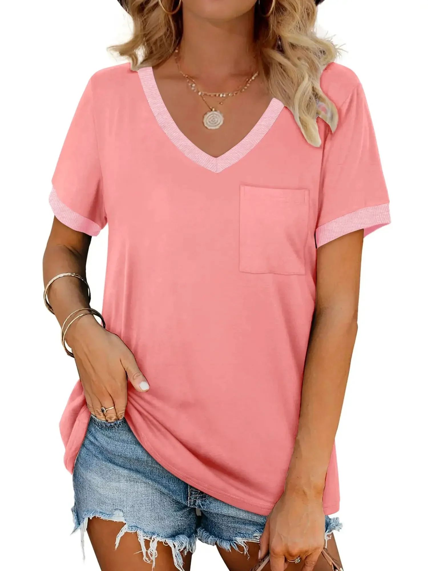 MOSHU V-Neck Women T Shirts Short Sleeve Loose Summer Tops for Women with Pocket | Walmart (US)