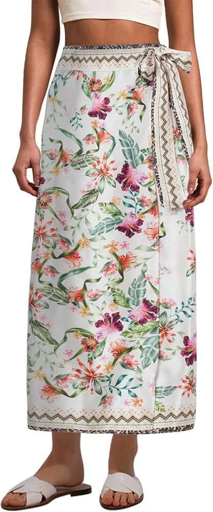 Womens Floral Wrap Midi Skirt Summer Adjustable Tie Side Casual High Waist A Line Beach Boho Long... | Amazon (US)