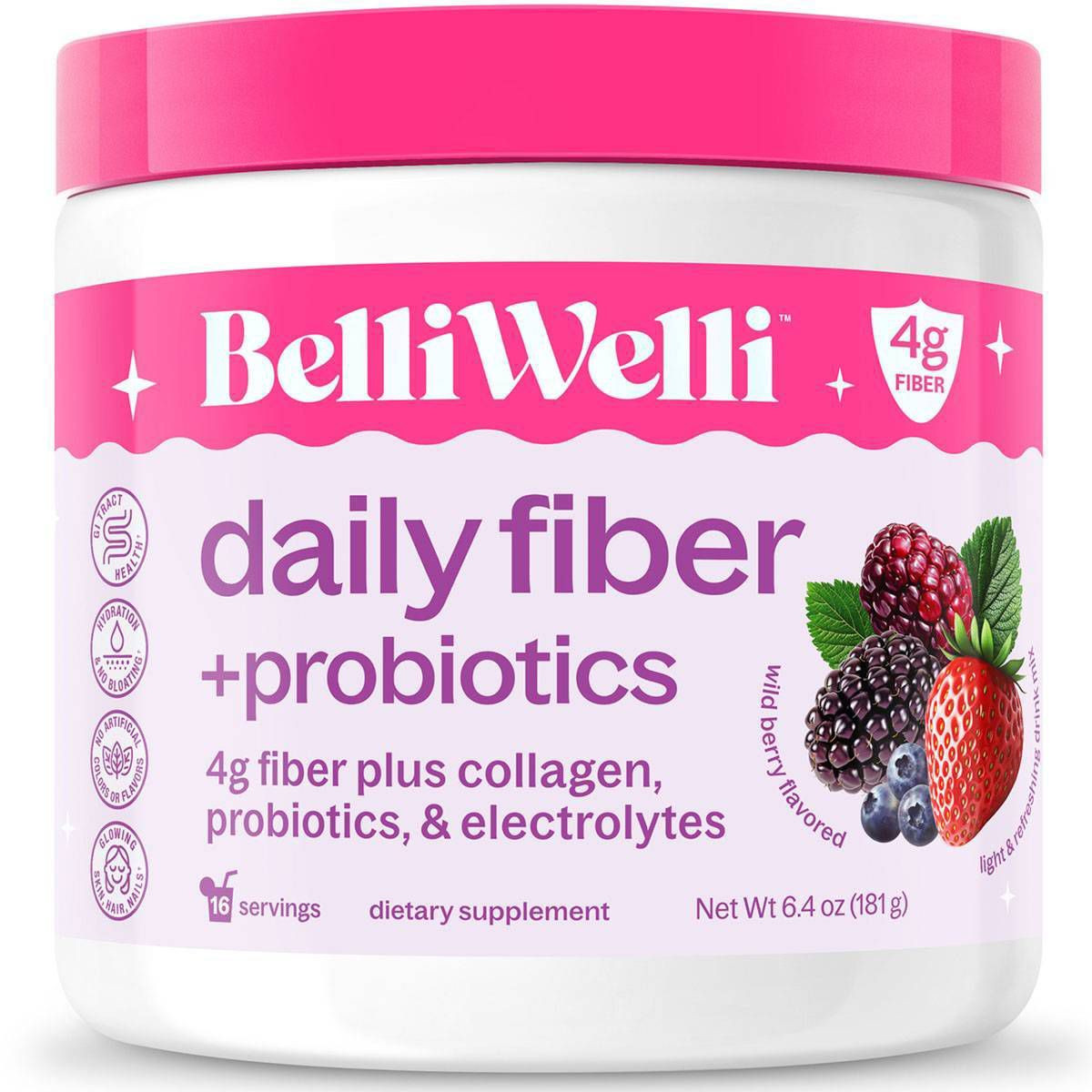 BelliWelli Daily Fiber Supplement + Probiotics, Electrolytes, Collagen, Powder - Wild Berry - 16 ... | Target