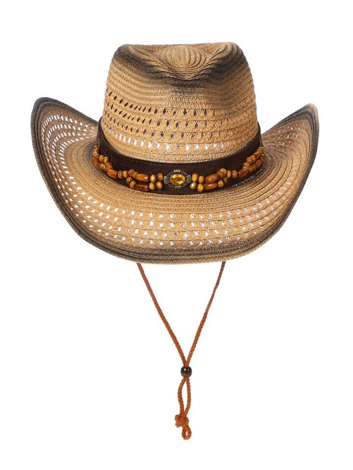 Unisex Dark Khaki Hollow Out Straw Cowboy Hat With Sun Protection - Suitable For Outdoors & Leisu... | SHEIN