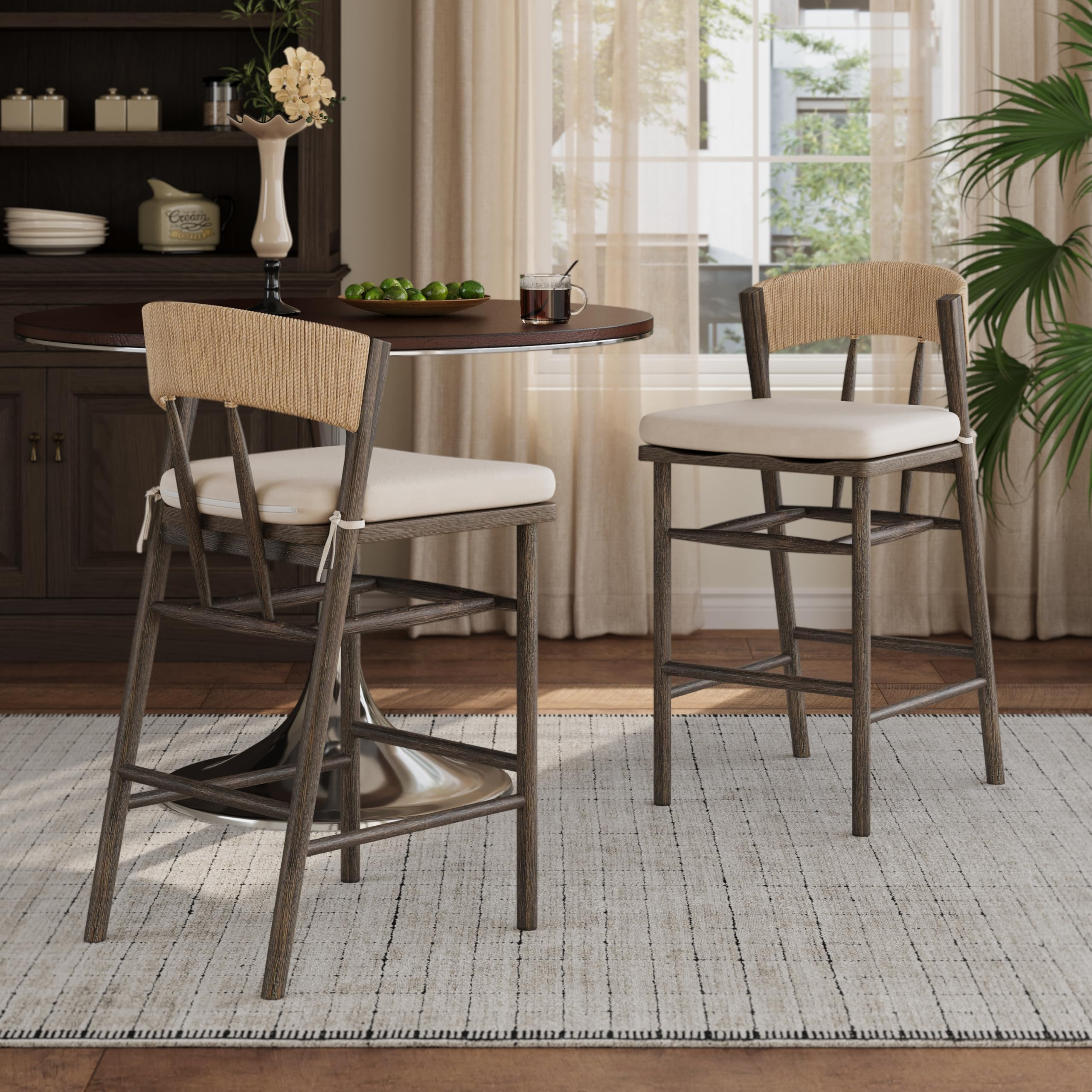 Amazon.com: Christopher Knight Home Vera Wooden Counter Height Bar Stools Set of 2, Counter Stools with Thick Cushion for Dining Room, Farmhouse Armless Barstools with Footrest & Woven Rope Backrest, Brown+Beige : Home & Kitchen | Amazon (US)