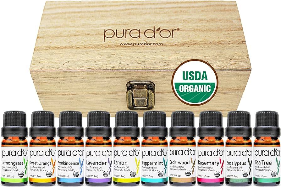 PURA D'OR Organic Perfect10 Essential Oils Set - 10x 10m Wood Box Aromatherapy Gift Set - 100% Pu... | Amazon (US)