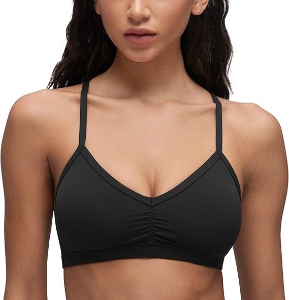 CRZ YOGA Butterluxe Ruched Sports Bras for Women - V Neck Spaghetti Thin Strap Y Back Wireless Pa... | Amazon (US)