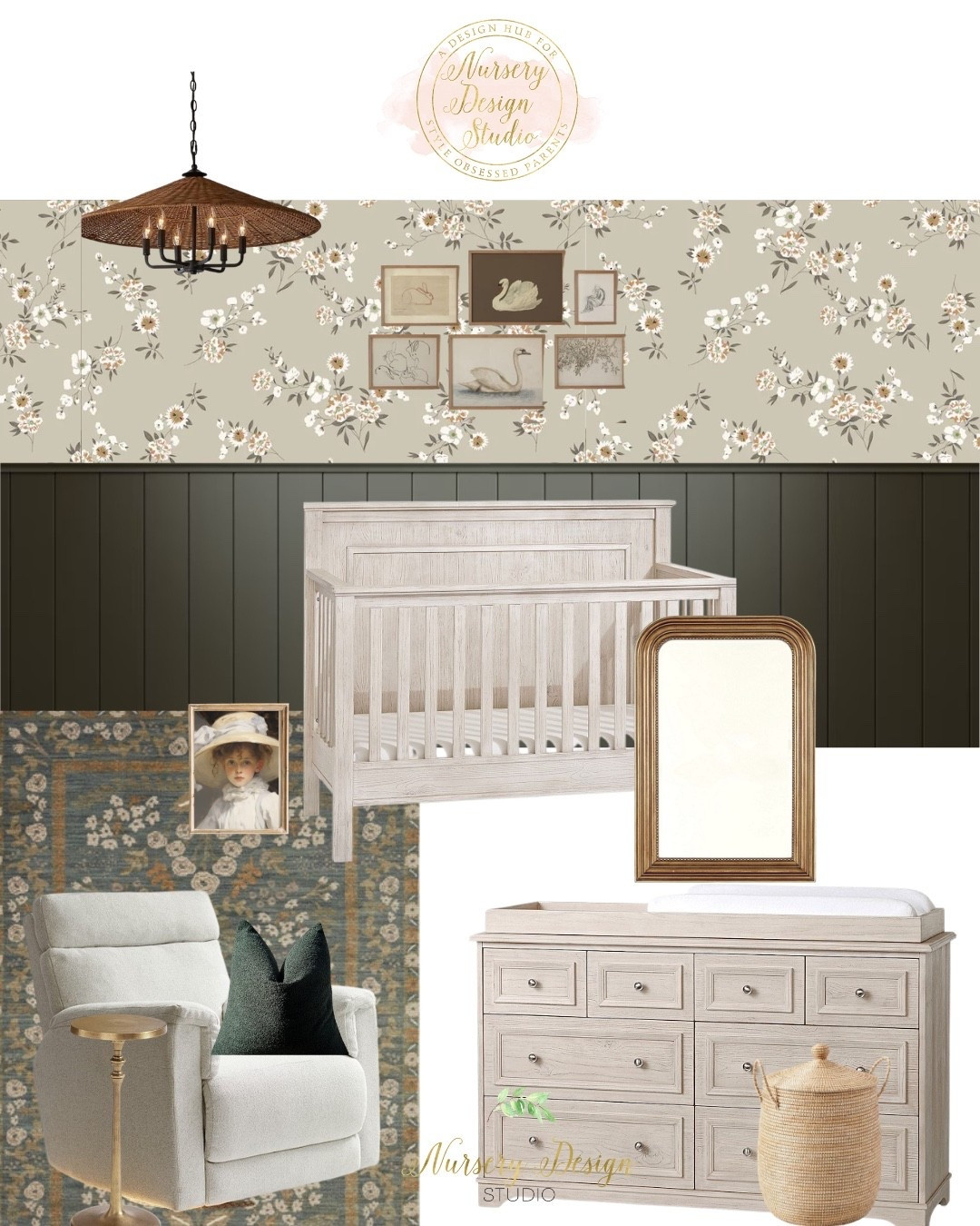 Timeless nursery with a touch of English countryside charm. A delicate floral wallpaper, deep olive paneling, and weathered white furniture create a beautiful foundation, while woven lighting, vintage-inspired artwork, and layered textures bring warmth and character to the space.

#LTKmomlife #LTKdayinmylife #LTKHome