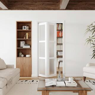36 in. x 80 in. 3-Panel Frosted Glass Solid MDF Core White Finished MDF Bi-Fold Doors With Hardware | The Home Depot