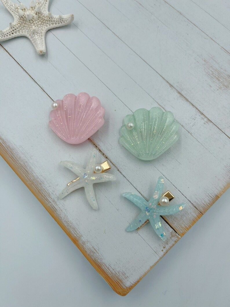 4 Piece Iridescent Pink and Soft Teal Sea Shell and Star Fish | Etsy | Etsy (US)