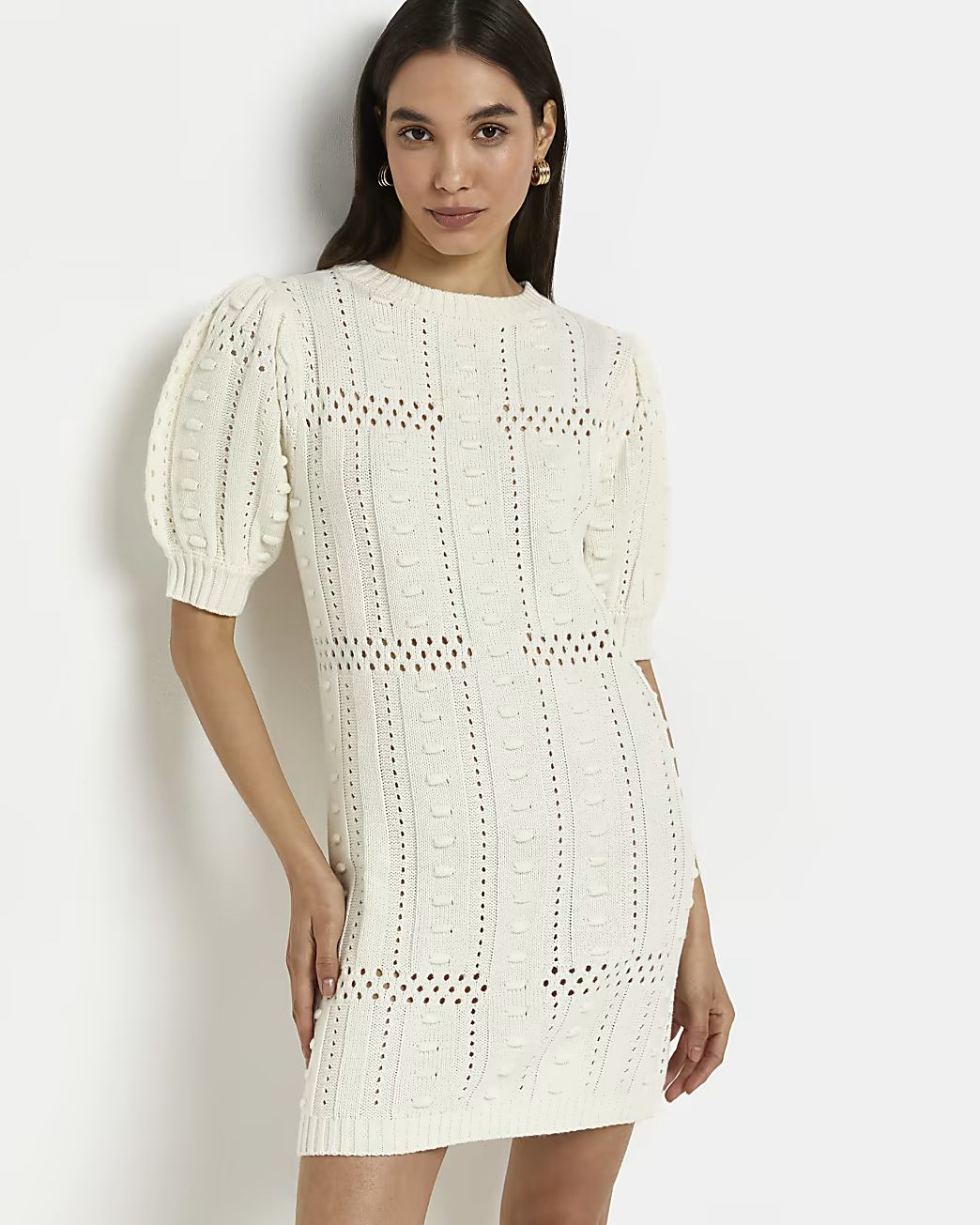 Cream textured knit bodycon mini dress | River Island (UK & IE)