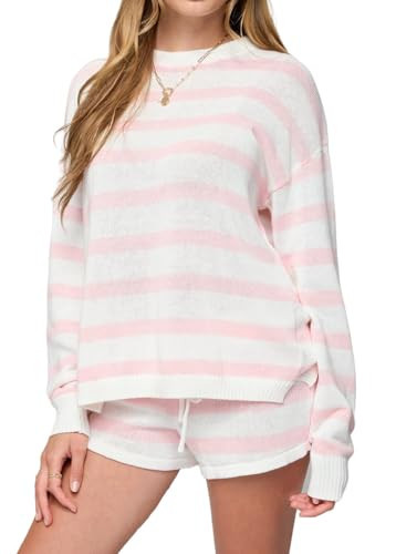 NUFIWI Women Striped Knit Sweater Set 2 Piece Outfit Oversized Long Sleeve Sweater and Shorts Matching Lounge Sets(Pink,M) | Amazon (US)