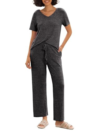 PrinStory Womens Pajama Sets Pjs Short Sleeve Soft 2 Piece Sleepwear for Women Casual Pajamas Set Black Gray-M | Amazon (US)