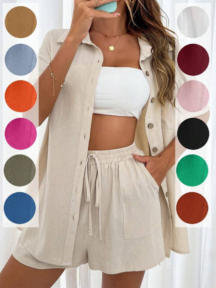 SHEIN Essnce Patched Pocket Drop Shoulder Shirt & Knot Front Shorts | SHEIN