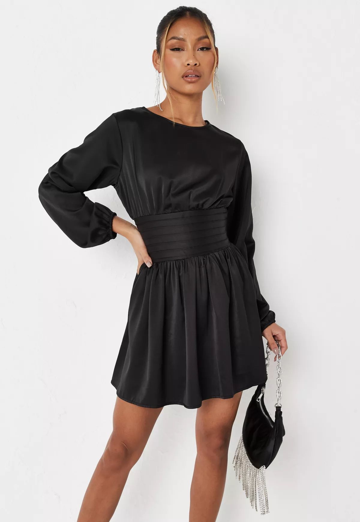 Black Satin Shirred Waist Mini Dress | Missguided (US & CA)