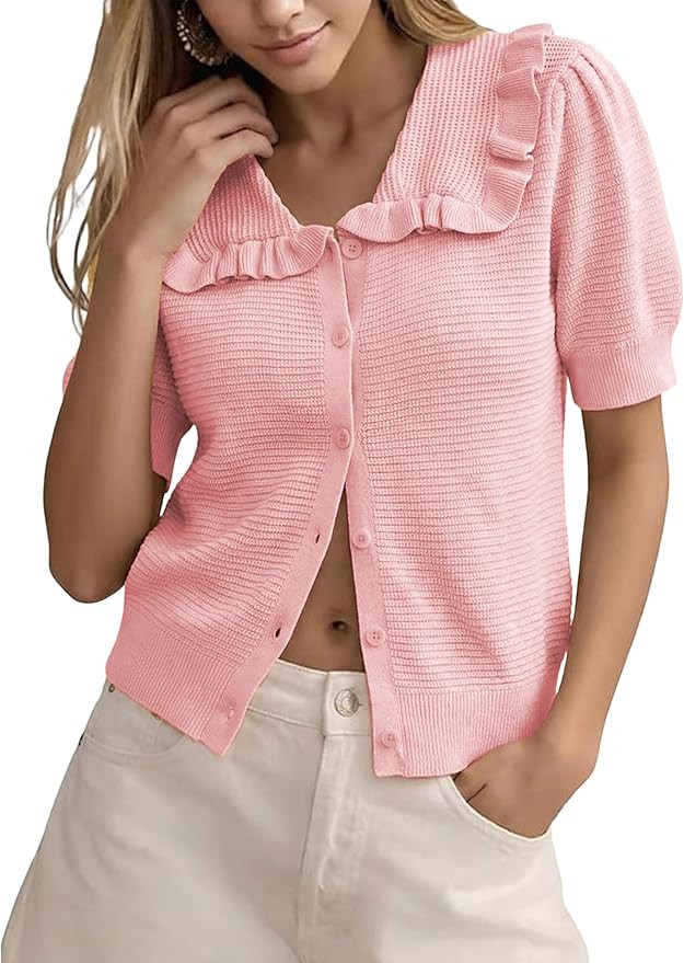 Watashi Womens Short Sleeve Sweaters Casual Button Down Ruffle Collared Puff Sleeve Knit Spring S... | Amazon (US)