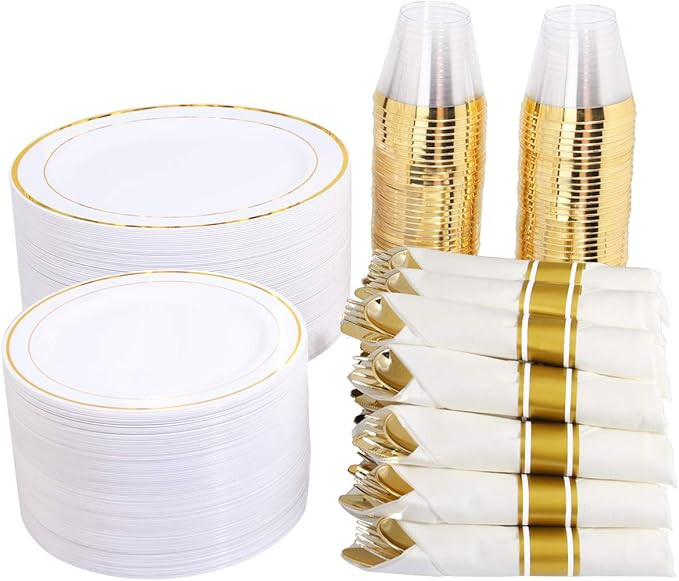 WELLIFE 350 Pieces Gold Plastic Plates - Disposable Silverware and Cups, Include: 50 Dinner Plate... | Amazon (US)
