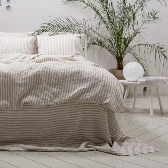 Ticking Stripe Linen Bedding Set in Natural Graphite Indigo. | Etsy Canada | Etsy (CAD)