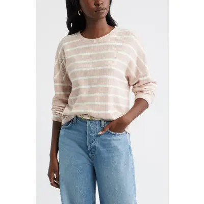 caslon(r) Long Sleeve Waffle Knit T-Shirt in Black- Ivory Stacy Stripe at Nordstrom, Size Small | Nordstrom
