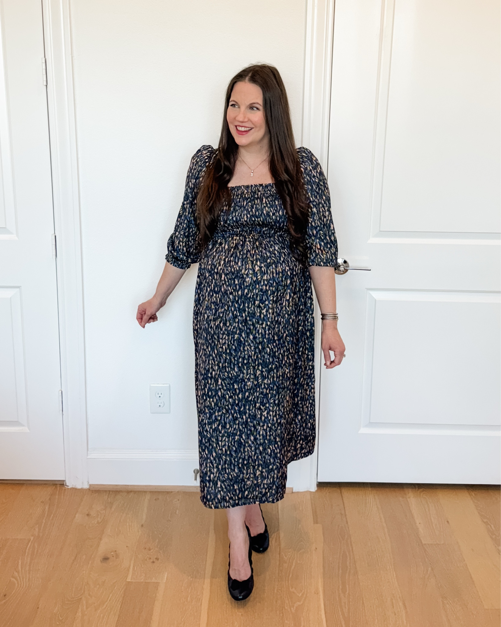 
This silky sateen maternity dress with a smocked bodice is the perfect work dress if you’re building comfortable pregnancy office outfits. It’s an easy work outfit that feels polished without sacrificing comfort.

The maternity dress with sleeves makes a beautiful spring outfit, and pairing it with navy heels creates a timeless workwear look that works from meetings to everyday office wear.

#LTKBump #LTKWorkwear #LTKSeasonal