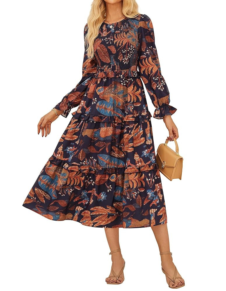 GRACE KARIN Women's Floral Midi Dress 2025 Long Sleeve Fall Elegant Smocked Tiered Flowy Wedding ... | Amazon (US)