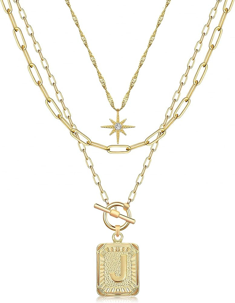 MJartoria Layered Initial Necklaces for Women Trendy, 14K Gold Plated Simple Star Choker Square L... | Amazon (US)