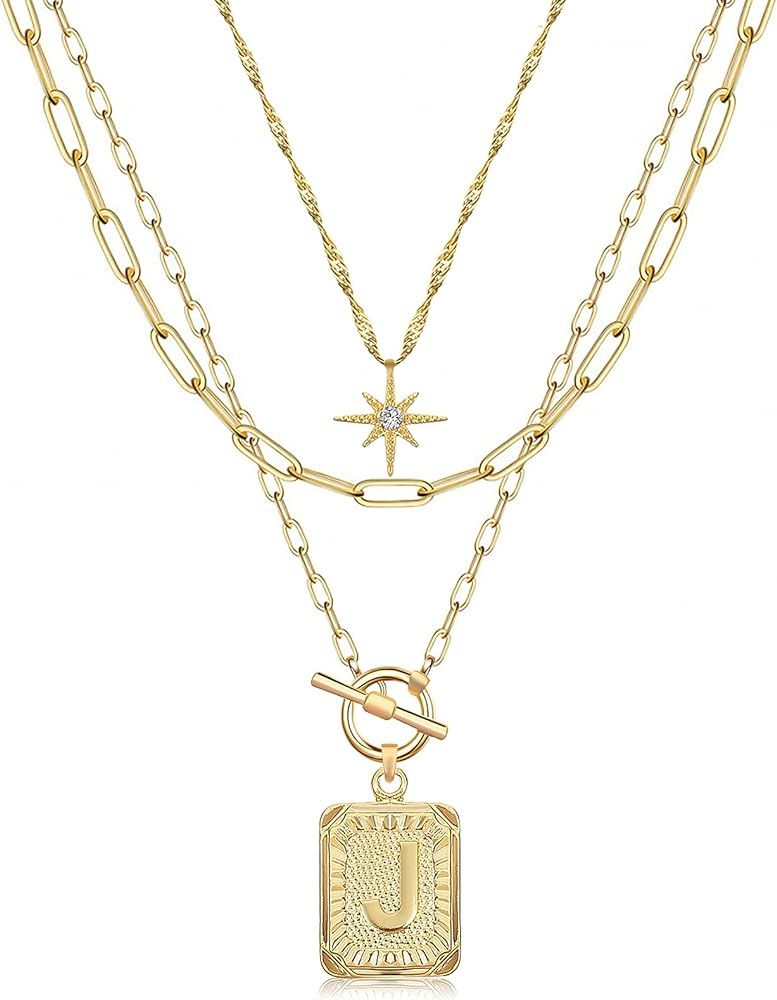 MJartoria 14K Gold Plated Layered Initial Necklaces for Women Trendy, Simple Square A-Z Letter Ne... | Amazon (US)