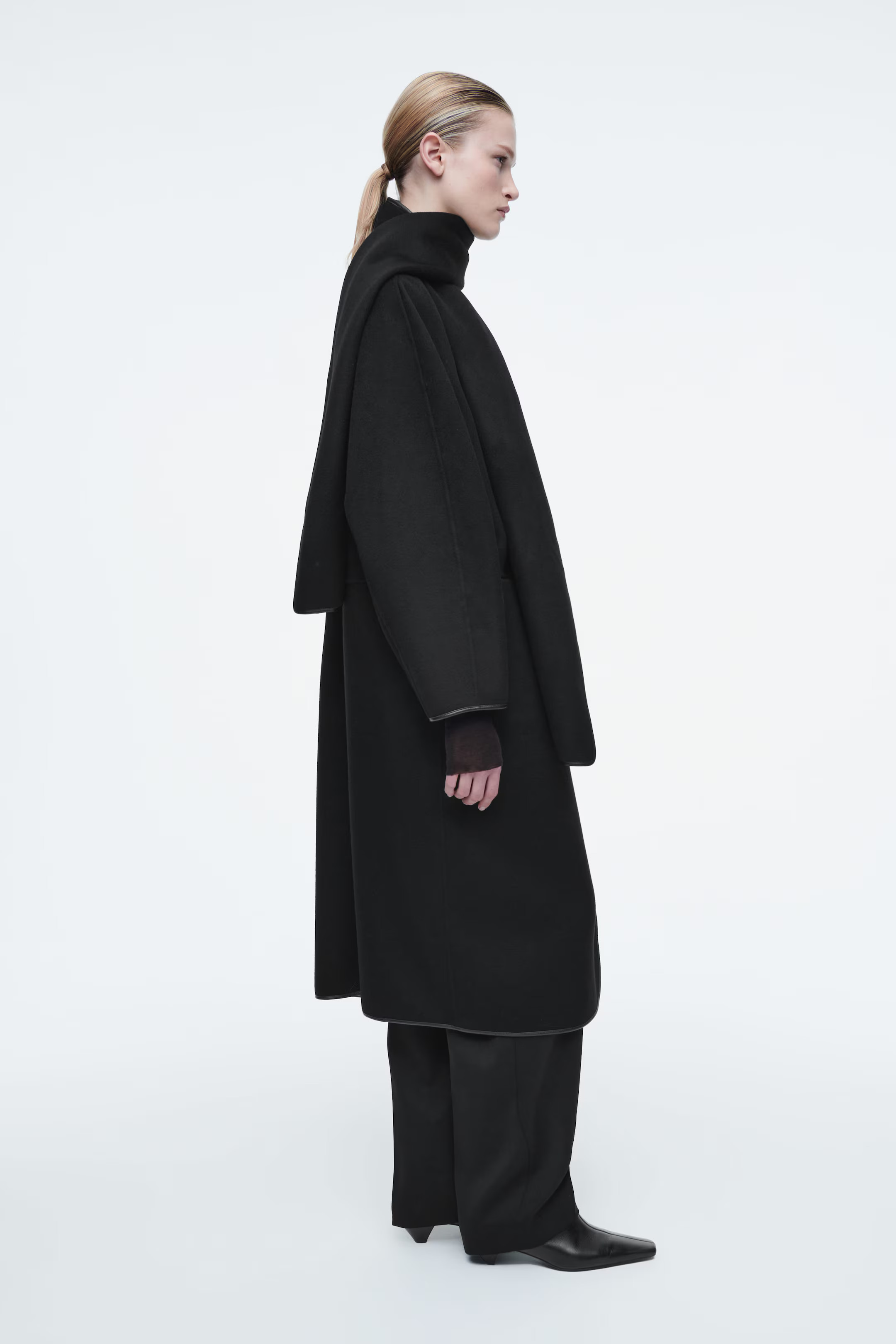 LEATHER-TRIMMED WOOL SCARF COAT - BLACK | COS GB | COS UK